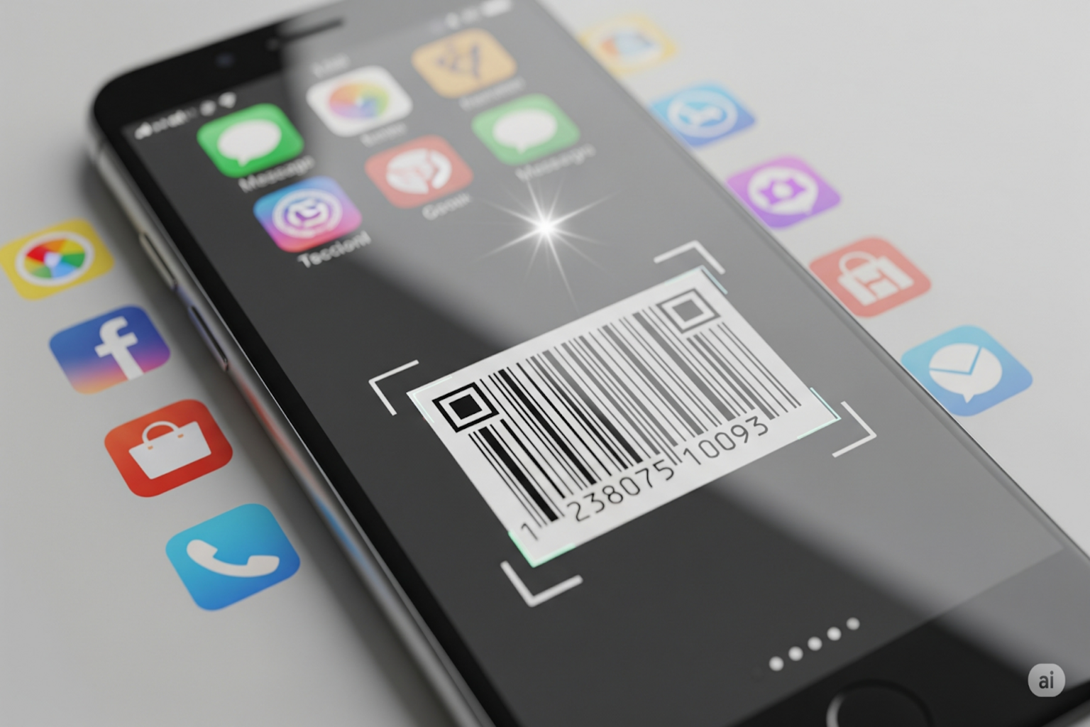 A smartphone screen displaying a barcode being scanned by an app, with various app icons in the background