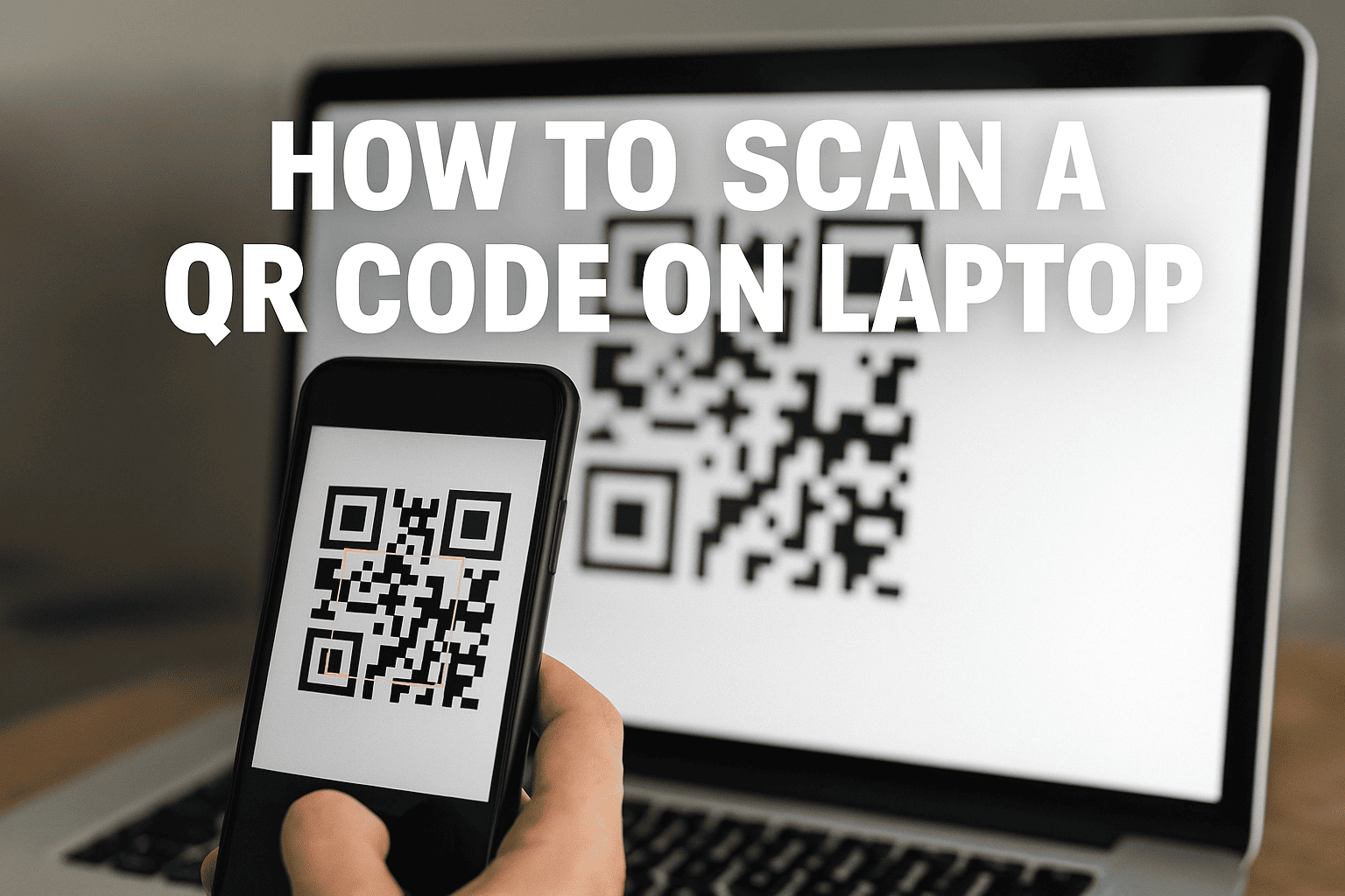 A person's hand holding a smartphone pointed at a QR code displayed on a laptop screen, with other icons representing webcams and online tools in the background