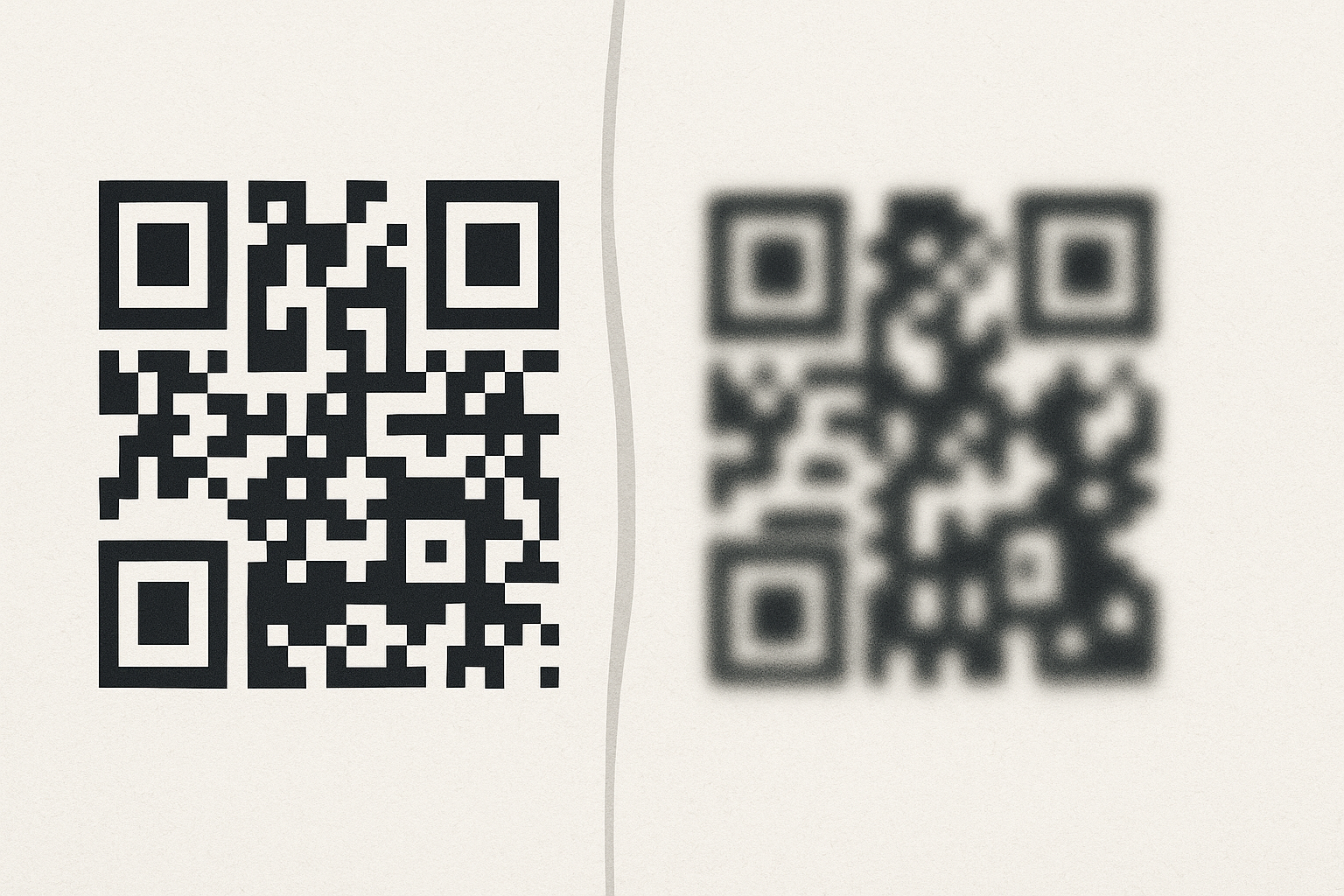 A close-up showing a perfectly printed, sharp QR code on a piece of paper, next to a blurred, low-quality printed QR code illustrating the difference.