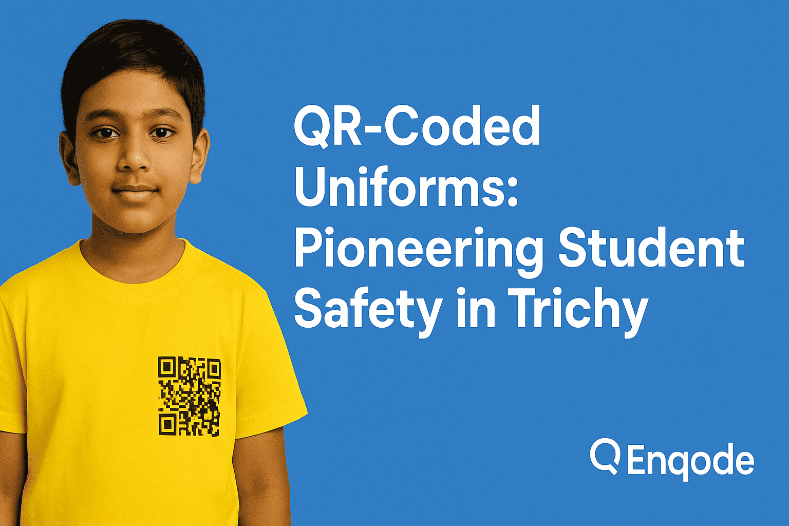 Student in QR-coded uniform T-shirt with visible QR code for identification