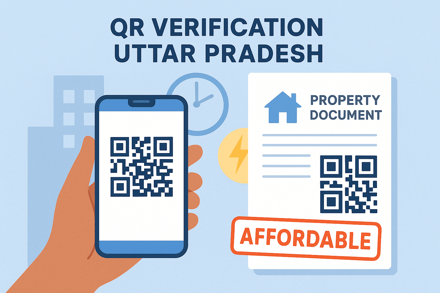Smartphone scanning property document QR code for instant registry update in Uttar Pradesh