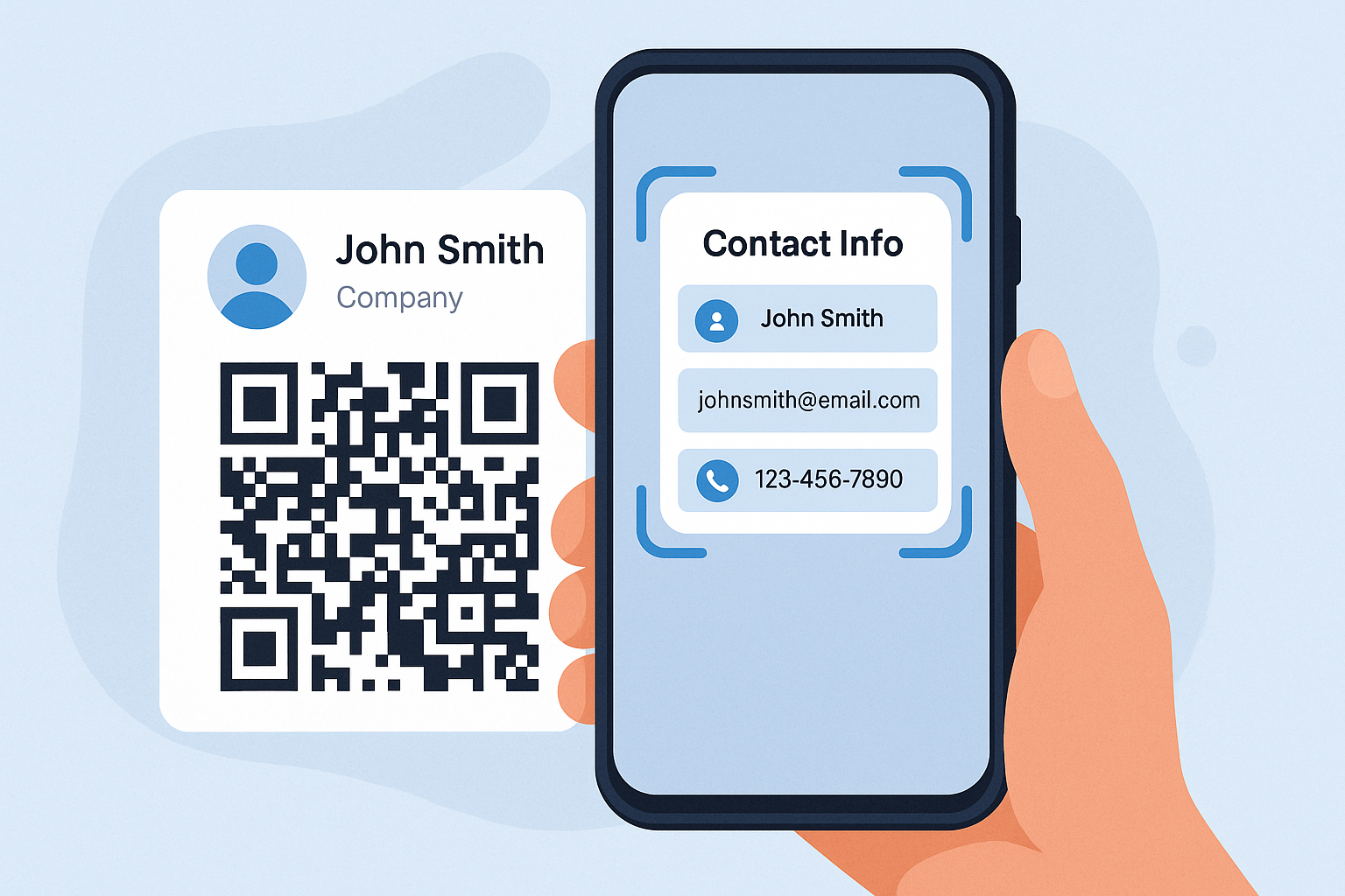 A smartphone scanning a QR code on a digital business card, with contact details appearing on the screen.