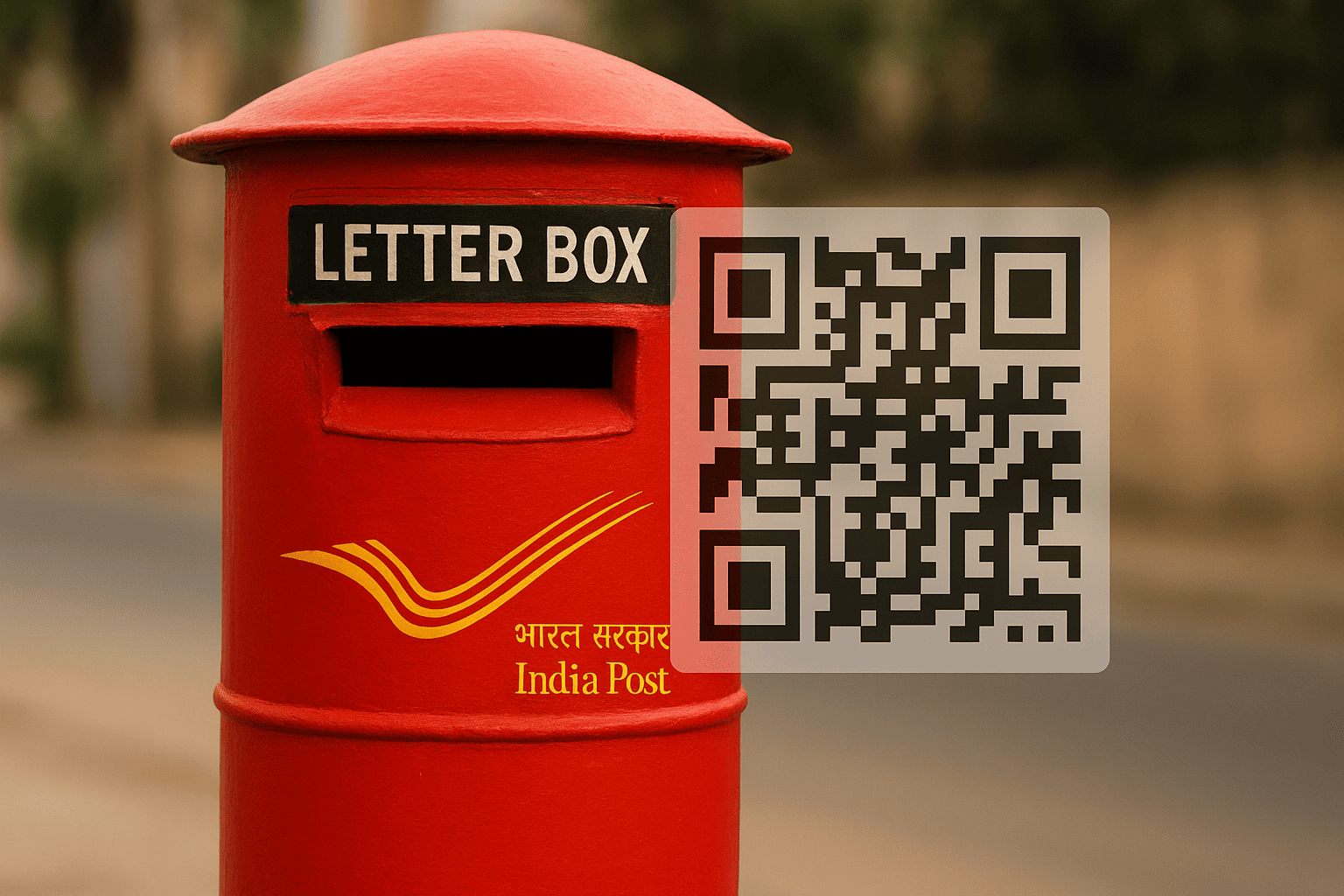 Red India Post letter box with QR-code overlay representing innovation