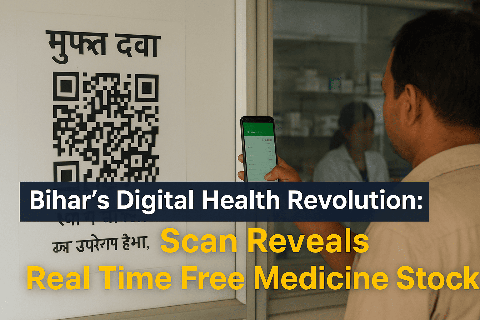 A patient scanning a QR code at a government hospital medicine counter to check available medicines.