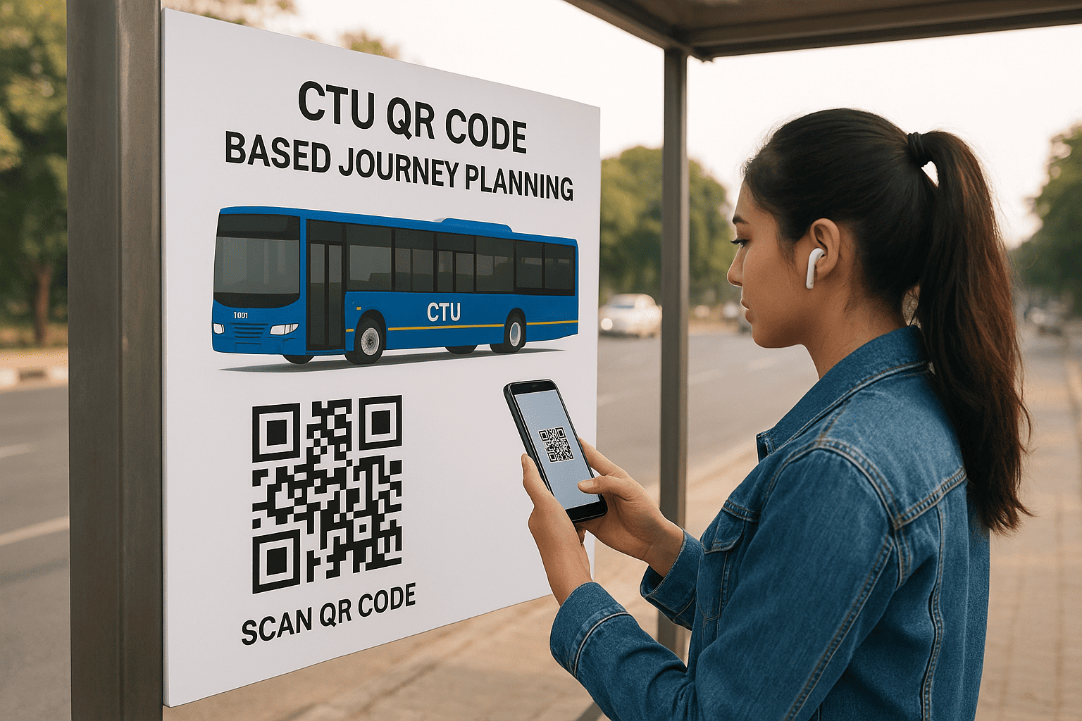 Commuter scanning QR code at CTU bus shelter for real-time route info