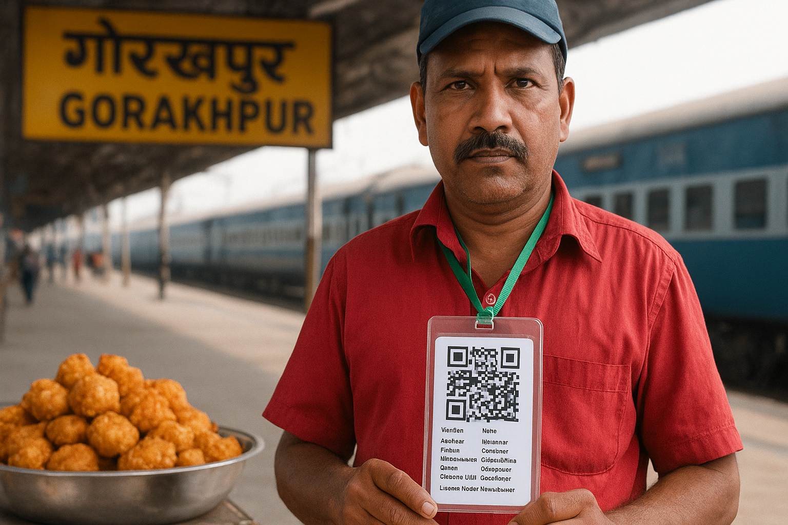 Railway vendor wearing QR code ID card at Gorakhpur station