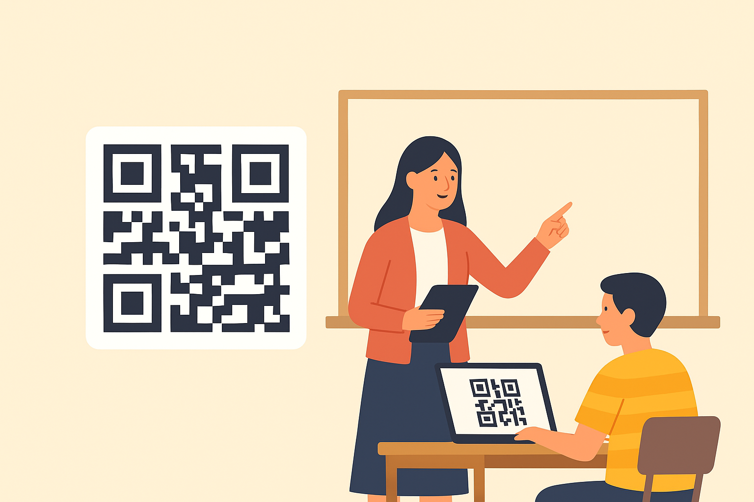 Digital illustration of students and teachers using QR codes in education, classroom boards, eBooks, attendance, and online courses.