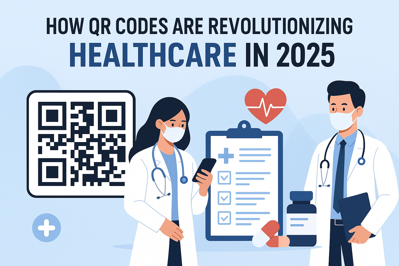 Digital illustration showing QR code use in healthcare: patient wristbands, medicine packaging, telemedicine, and hospital navigation.