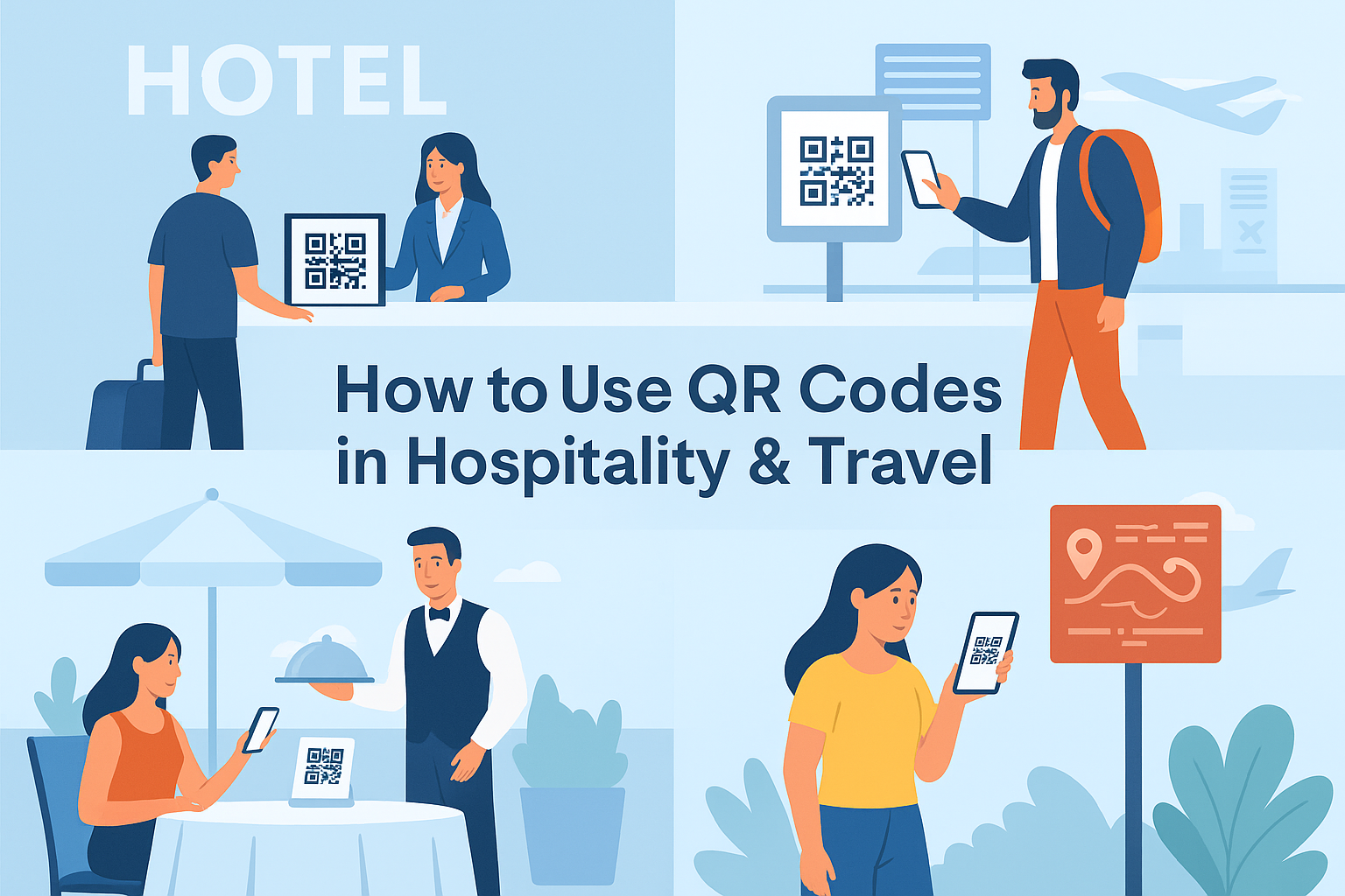 Flat-style illustration of a hotel lobby and airport lounge with travelers scanning QR codes for check-in, menus, boarding passes, and local guides.