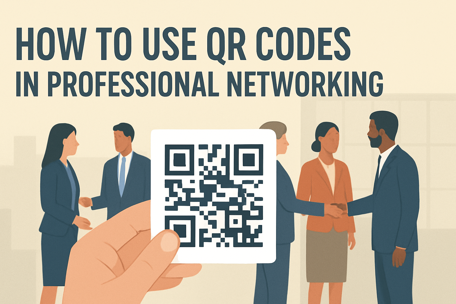 QR code is shown prominently in the foreground, with a professional business setting featuring people networking in the background