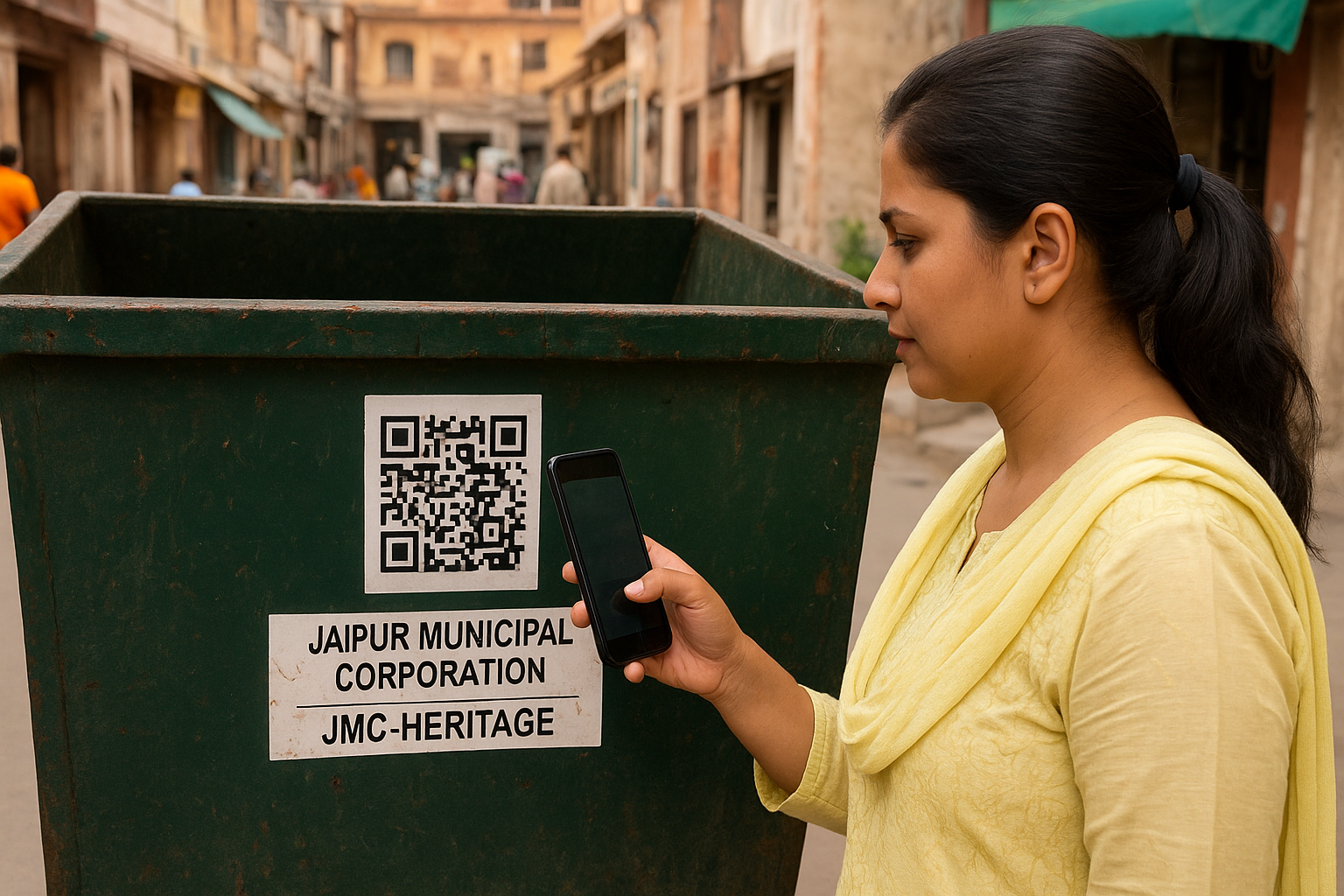 Resident scanning QR code on garbage hopper in Jaipur Walled City for complaint about waste collection