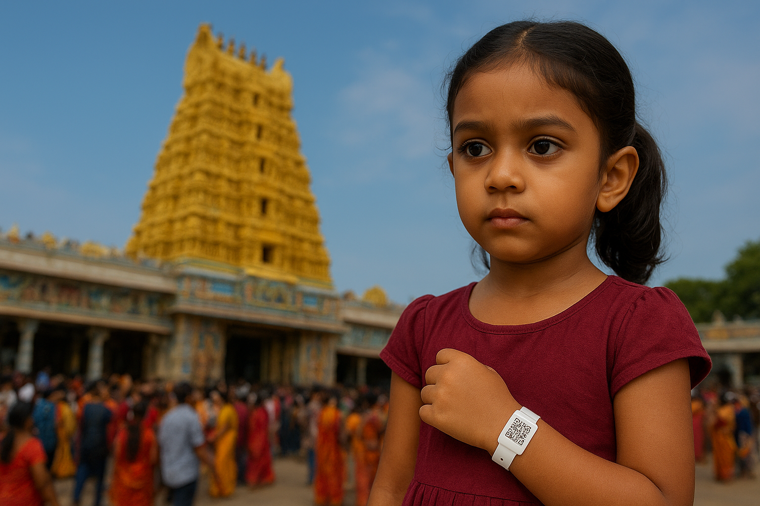 Child wearing QR-coded wrist tag at Kanaka Durga Temple for tracking purposes