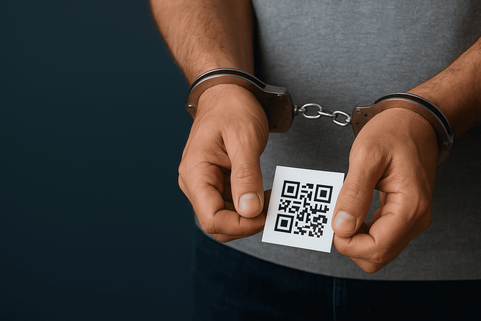 Drug peddler in handcuffs holding a QR code, representing digital crime reporting in Mangaluru.