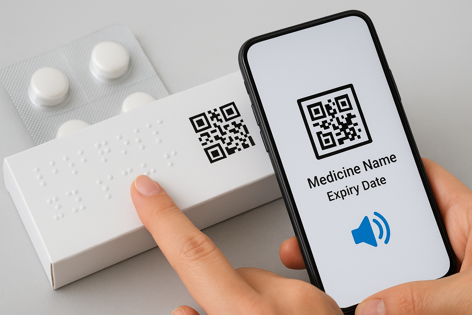 Medicine blister pack with Braille label being touched by hand and smartphone scanning QR code
