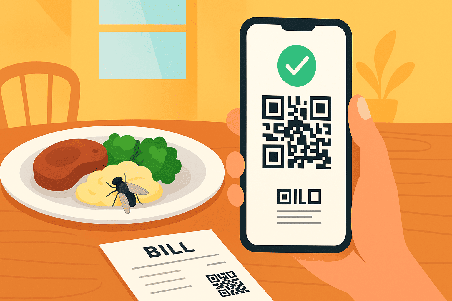 Customer scanning QR code on a bill to report a fly in food at a restaurant