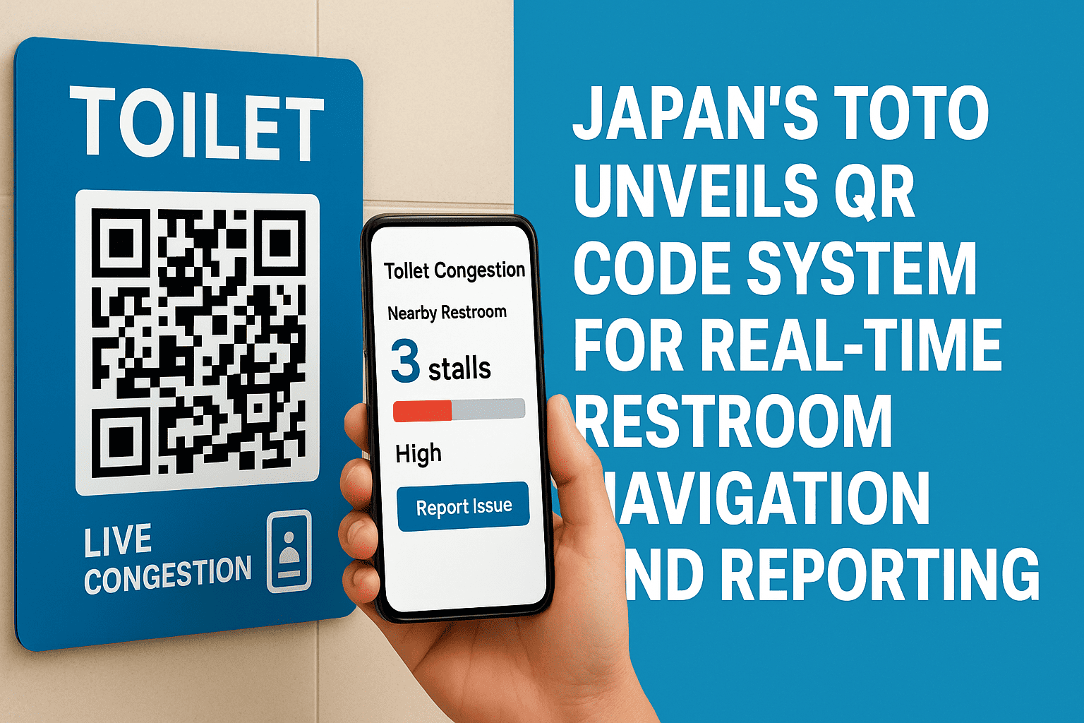 Smart restroom signage with QR code in Japan showing live occupancy data