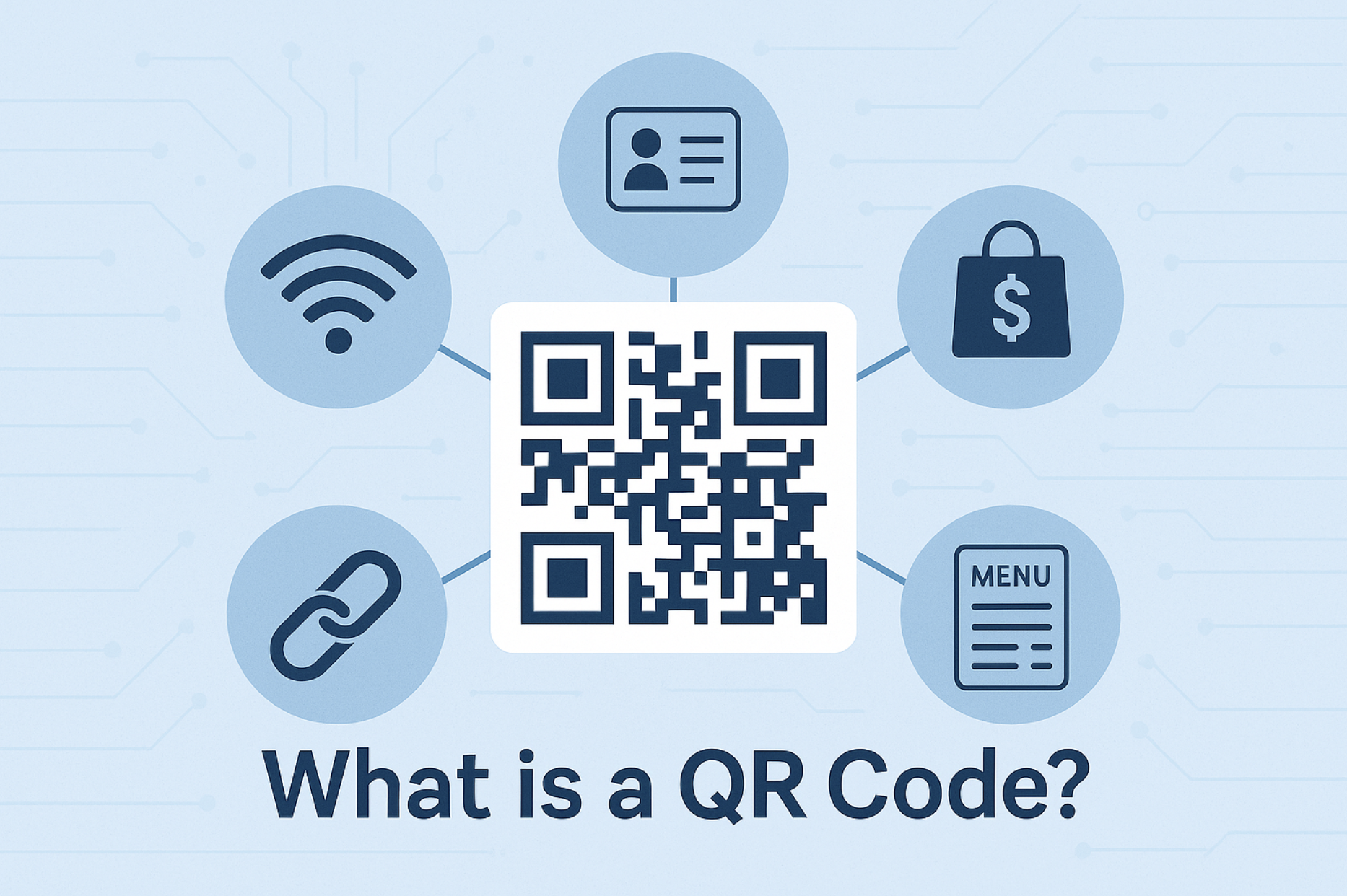 Illustration showing QR code uses like payments, links, Wi-Fi